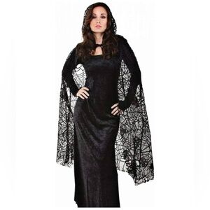 BLACK SPIDER WEB HOODED CAPE sheer witch vampire sexy women's Halloween costume